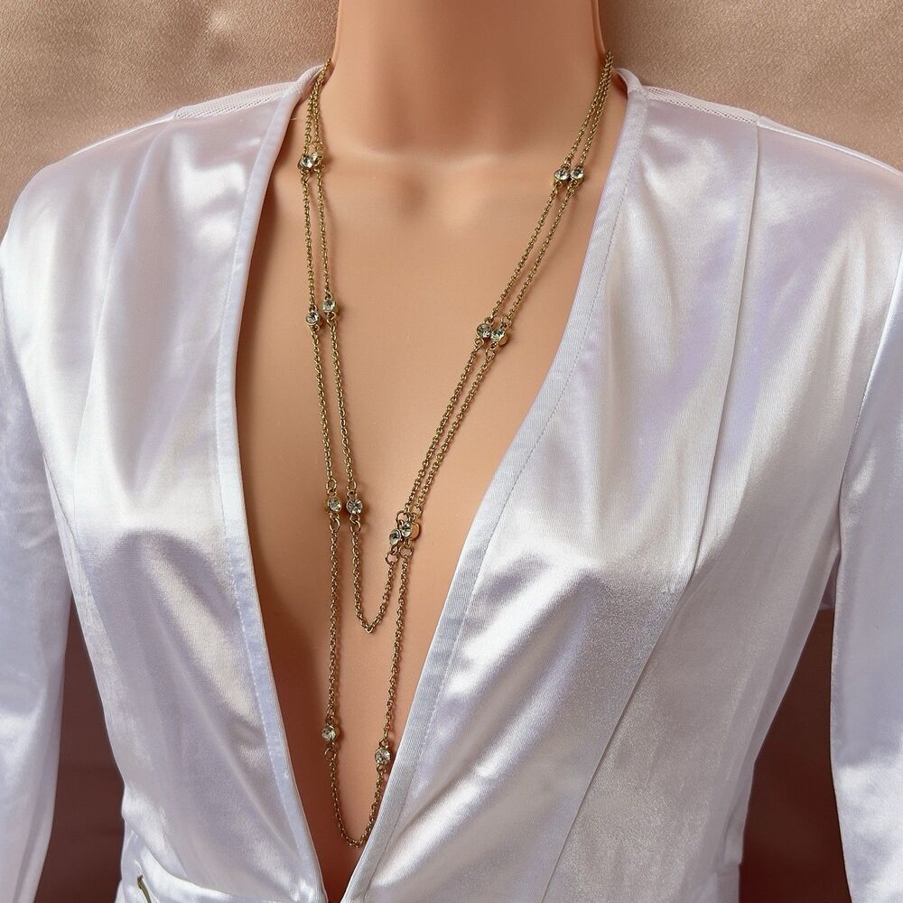 Vintage Double Strand Station Necklace Gold Tone Clear Crystal Accents 26-29 in